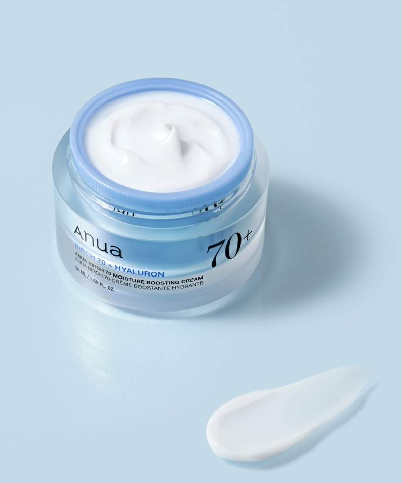 ANUA Birch 70 + Hyaluron Moisture Boosting Cream 50ml, pot crème sur fond bleu, texture hydratante, marque ANUA
