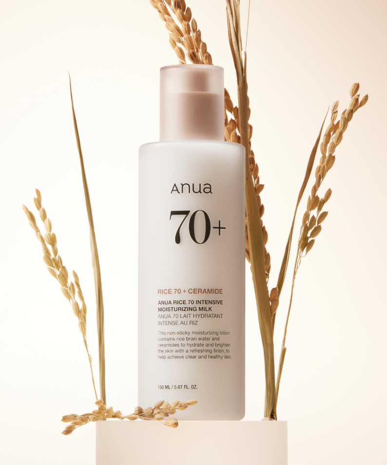 ANUA Rice 70 + Ceramide Intensive Moisturizing Milk 150ml de la marque ANUA, flacon crème au riz, décor de grains.
