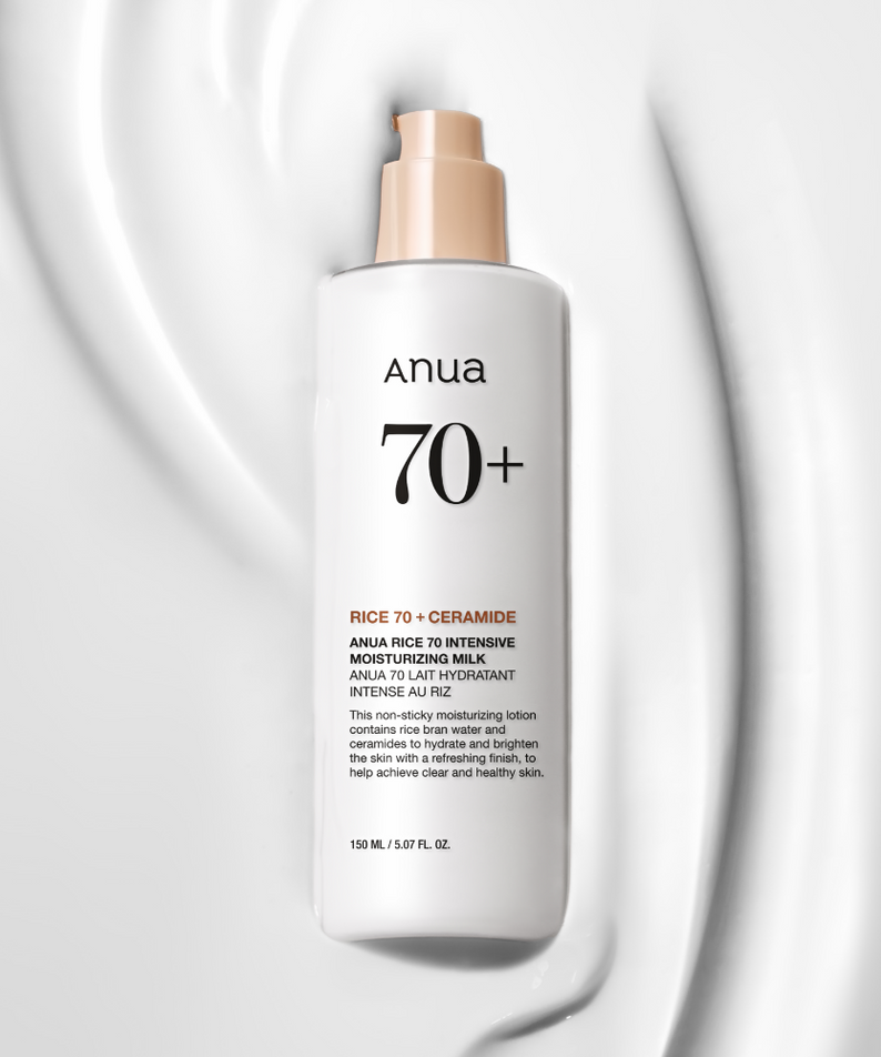 ANUA Rice 70 + Ceramide Intensive Moisturizing Milk 150ml : flacon crème hydratante ANUA sur fond minimal lumineux.