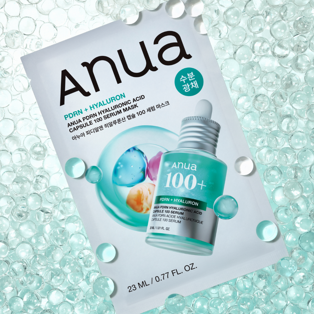 ANUA PDRN Hyaluronic Acid Capsule 100 Serum Mask : boîte et flacon Anua sur fond à bulles, sérum hydratant.