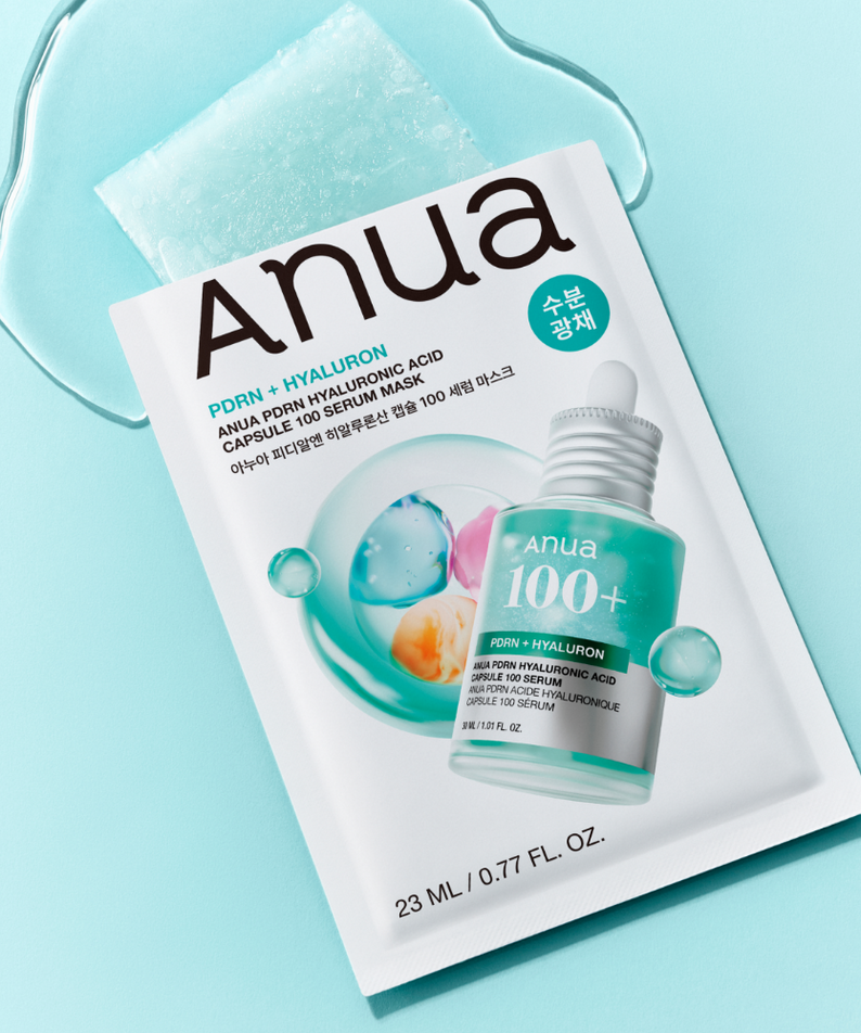 ANUA PDRN Hyaluronic Acid Capsule 100 Serum Mask de la marque Anua, masque sur fond turquoise, flacon et étui visibles