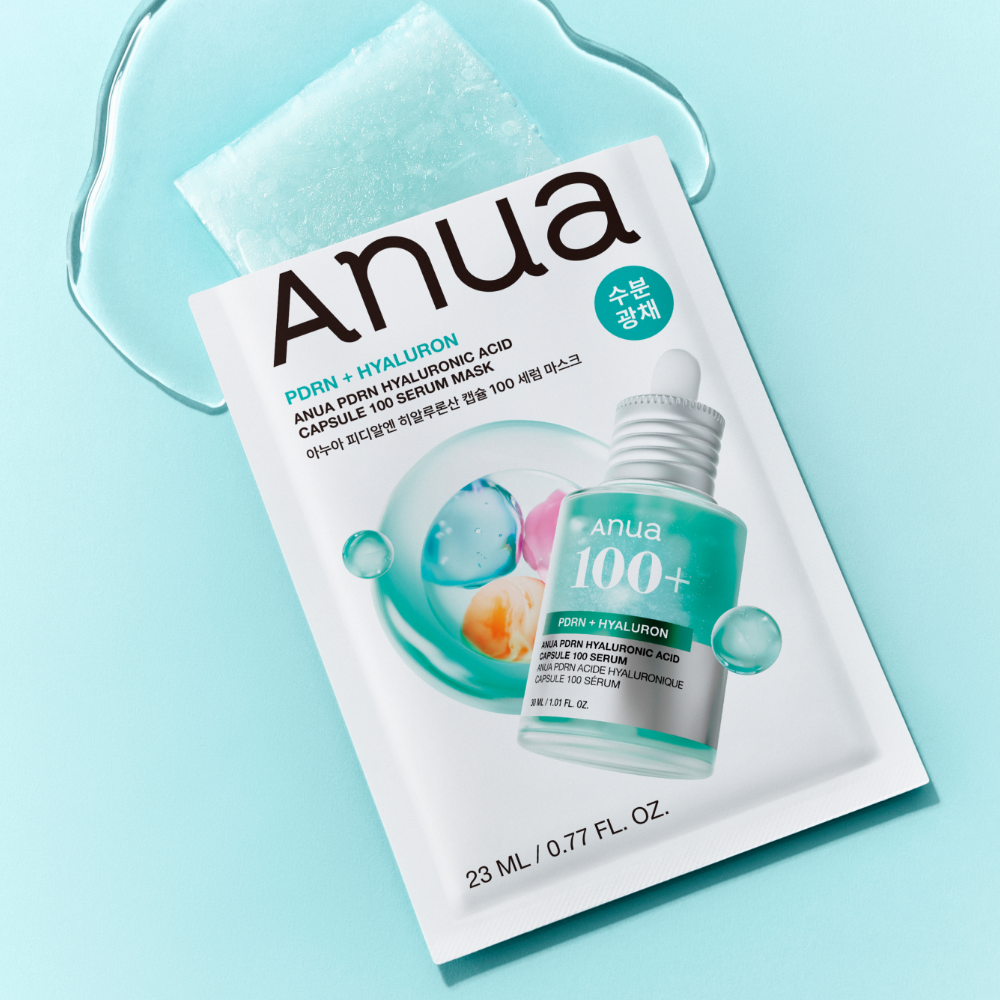 ANUA PDRN Hyaluronic Acid Capsule 100 Serum Mask de la marque Anua, masque sur fond turquoise, flacon et étui visibles