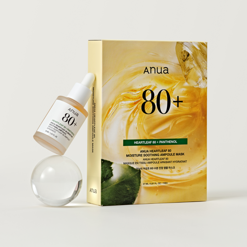 ANUA Heartleaf 80 + Panthenol Moisture Soothing Ampoule Mask, boîte et flacon sur fond blanc, marque ANUA
