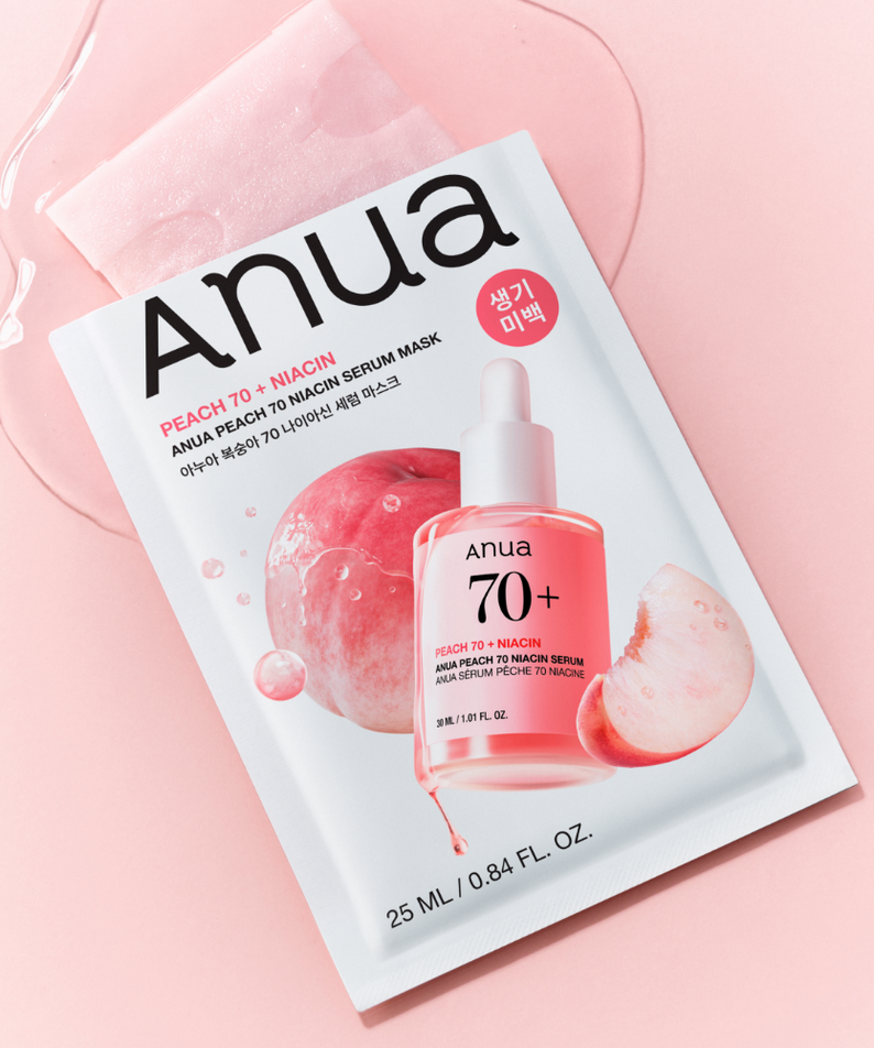 ANUA Peach 70 + Niacin Serum Mask de la marque ANUA, masque en sachet sur fond rose, visuel skincare.