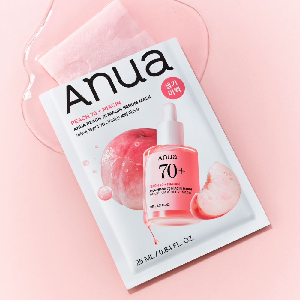 ANUA Peach 70 + Niacin Serum Mask de la marque ANUA, masque en sachet sur fond rose, visuel skincare.