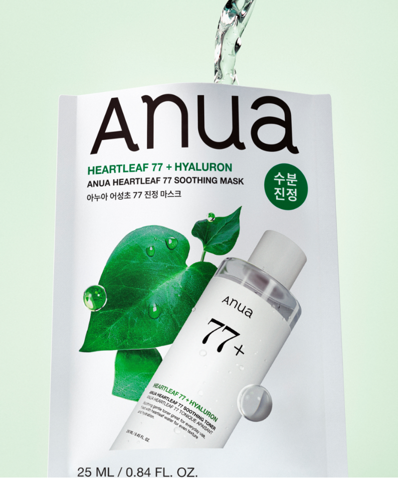 ANUA Heatfleaf 77 + Hyaluron Soothing Mask, marque Anua, masque apaisant sur emballage blanc avec feuilles vertes et flacon.