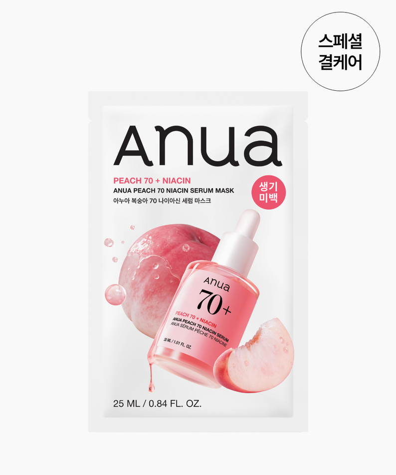ANUA Peach 70 + Niacin Serum Mask d’ANUA sur fond clair, emballage et sérum avec peau de pêche rose en contexte beauté.