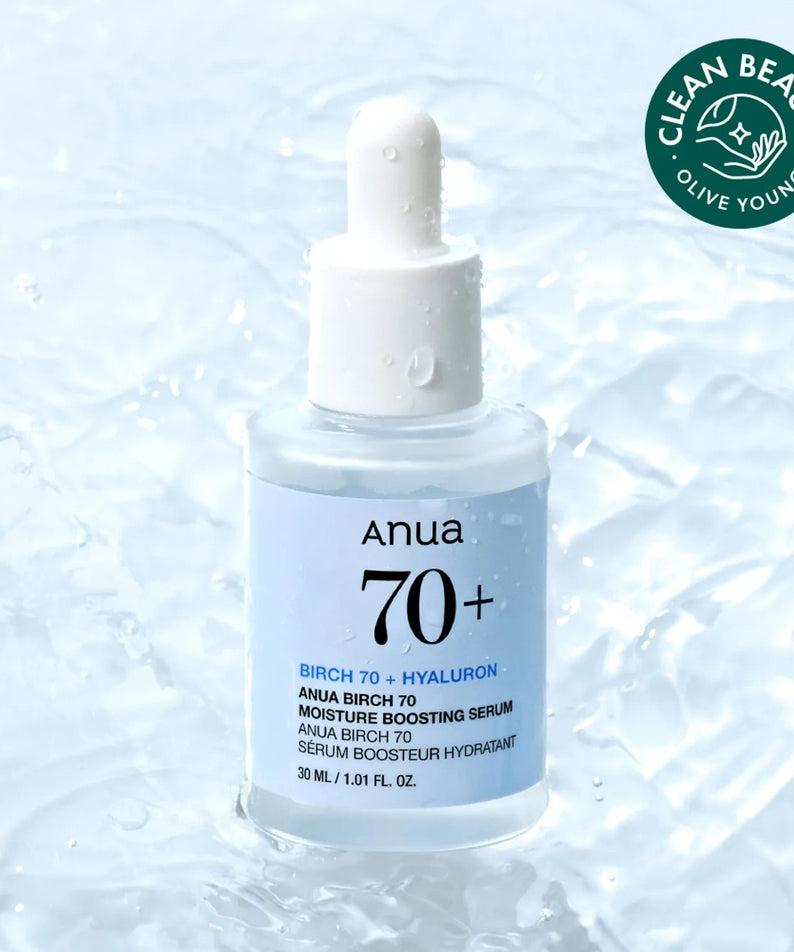 ANUA Birch 70 + Hyaluron Moisture Boosting Serum 30ml, flacon sur fond d’eau, marque ANUA, sérum hydratant