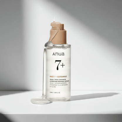 ANUA Rice 7+ Ceramide Hydrating Barrier Serum 50ml, bouteille beige sur fond blanc, marque ANUA, photo produit
