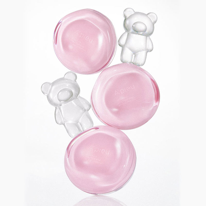 A'PIEU  Waterlock Comfort Veil Cushion 15g: coussin de finition rosé de la marque A'PIEU, sur fond blanc avec bulles/ours.
