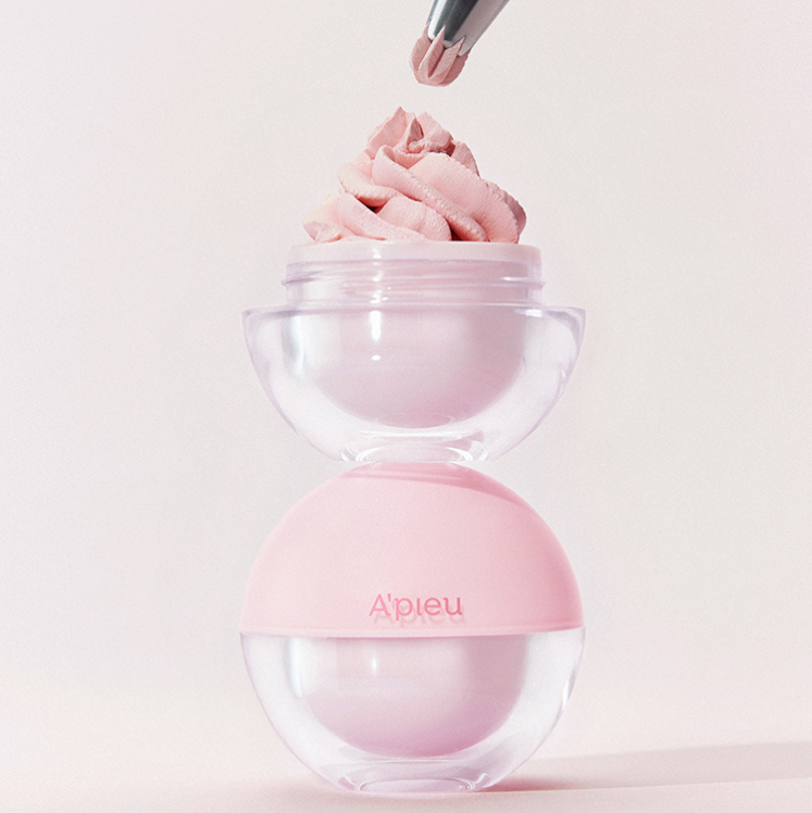 A'PIEU Waterlock Meringue Fluffy Tone-up Cream 20ml, A'PIEU, crème rosée en pot sphérique sur fond clair, visuel mousse