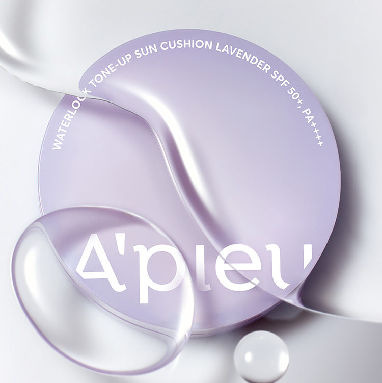 A'PIEU Waterlock Tone-Up Sun Cushion Lavender 15g, coussin teinté lavande de la marque A'PIEU sur fond blanc.