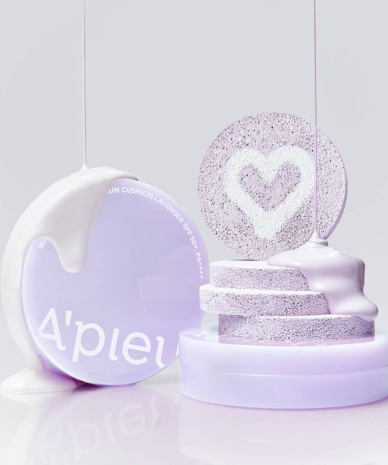 A'PIEU Waterlock Tone-Up Sun Cushion Lavender 15g, marque A'PIEU, coussin lavande sur fond blanc, rendu visuel beauté.