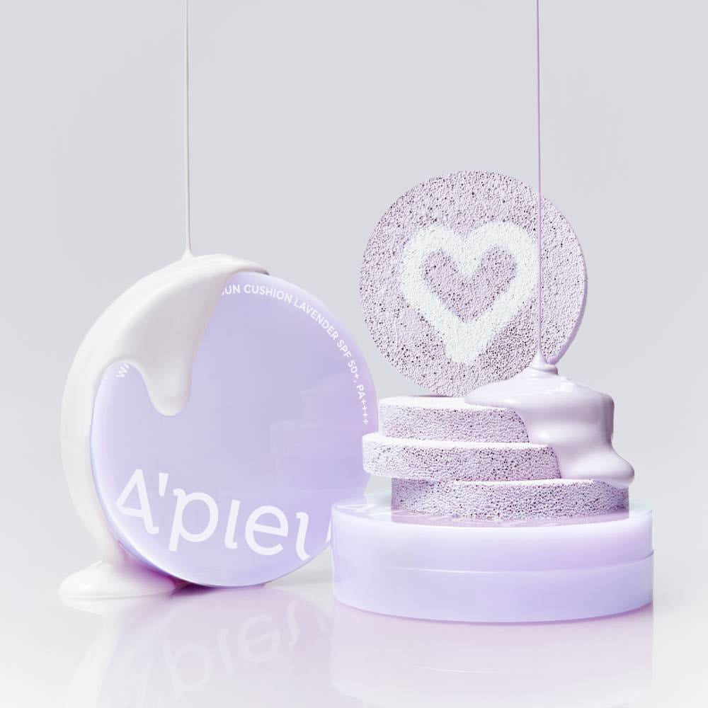 A'PIEU Waterlock Tone-Up Sun Cushion Lavender 15g, marque A'PIEU, coussin lavande sur fond blanc, rendu visuel beauté.