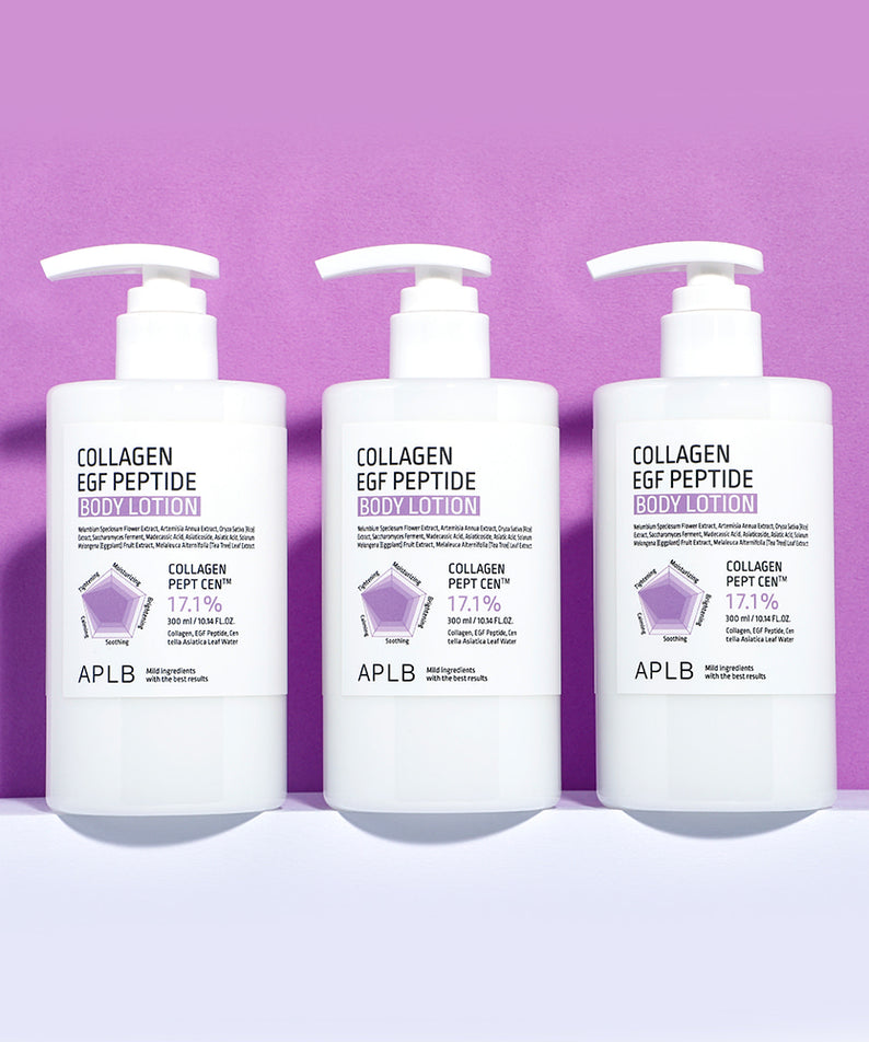 APL B Collagen EGF Peptide Body Lotion, bouteilles APLB alignées sur fond violet, cosmétique soins corps