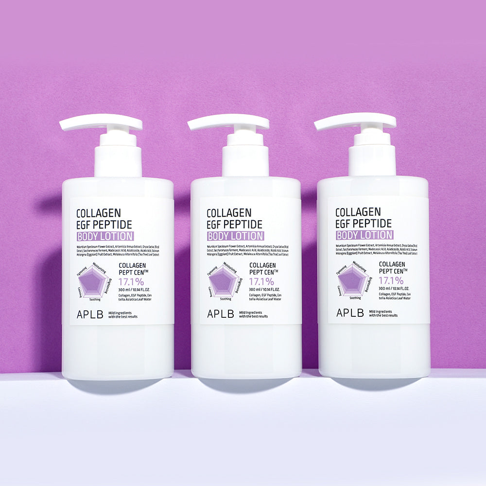 APL B Collagen EGF Peptide Body Lotion, bouteilles APLB alignées sur fond violet, cosmétique soins corps