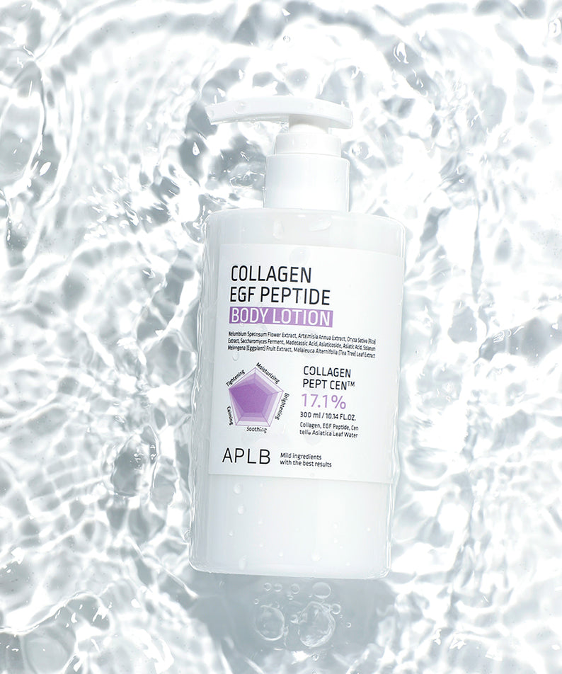 APLB Collagen EGF Peptide Body Lotion APLB sur flacon blanc en contexte visuel de bulles d’eau, format promo