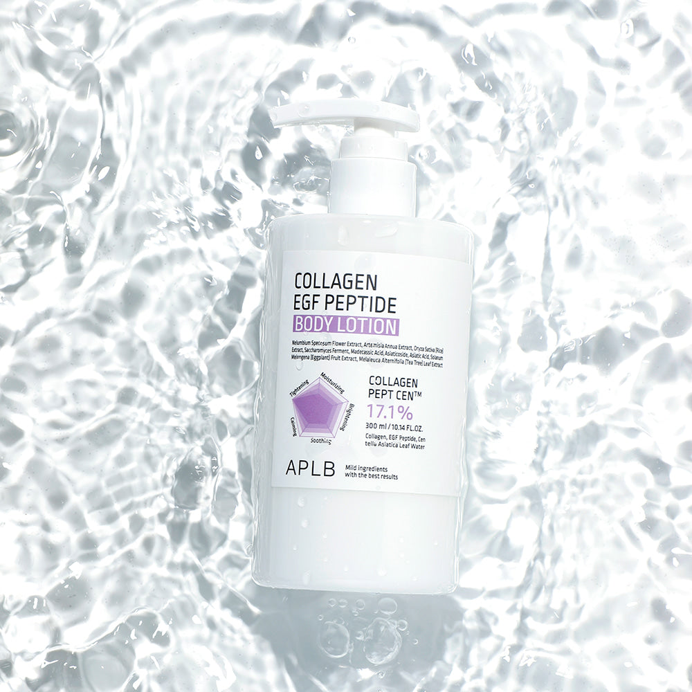 APLB Collagen EGF Peptide Body Lotion APLB sur flacon blanc en contexte visuel de bulles d’eau, format promo