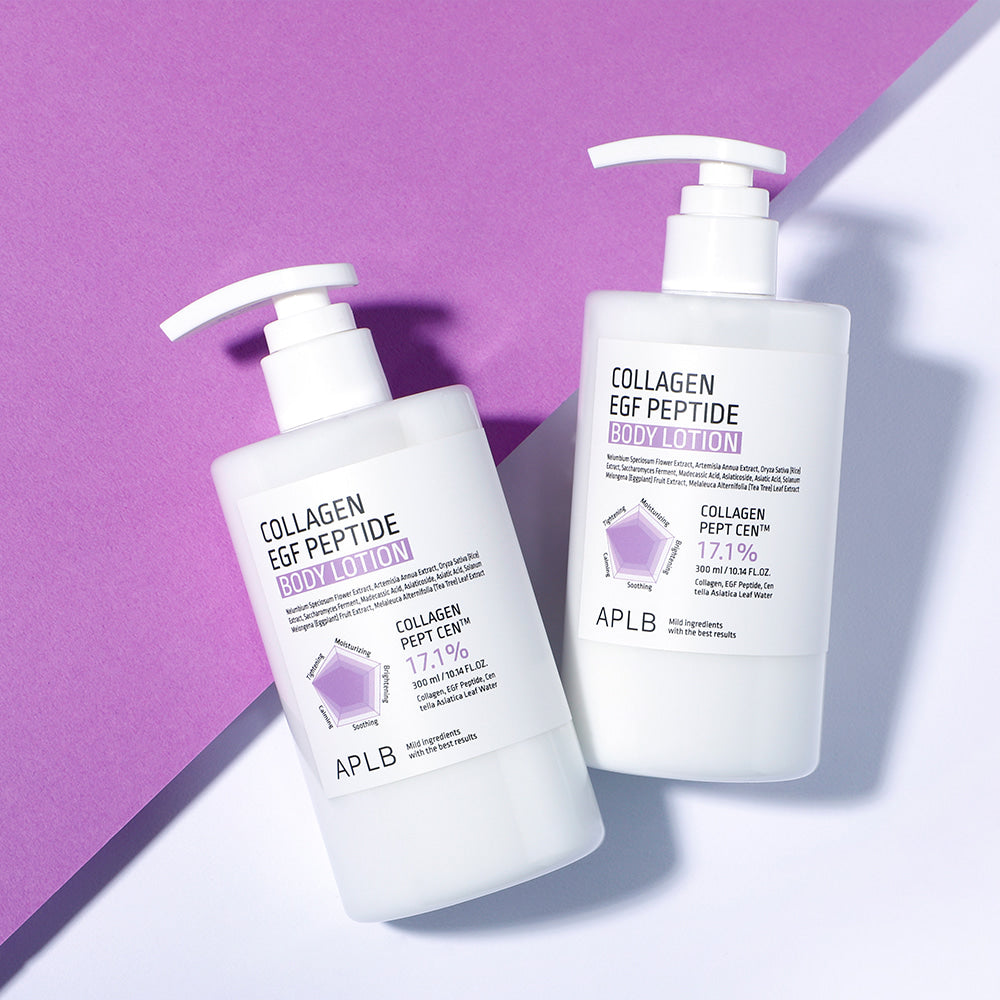 APLB Collagen EGF Peptide Body Lotion de la marque APLB, flacons sur fond violet et blanc, style cosmétique.