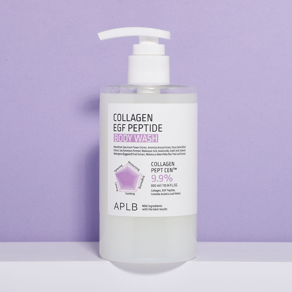 APL B Collagen EGF Peptide Body Wash 300ml APLB sur fond violet, flacon avec pompe et texte produit en gros plan.