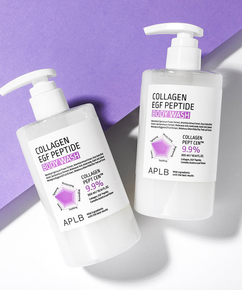 APLB Collagen EGF Peptide Body Wash 300ml, flacons avec pompe sur fond violet, produit APLB en contexte cosmétique