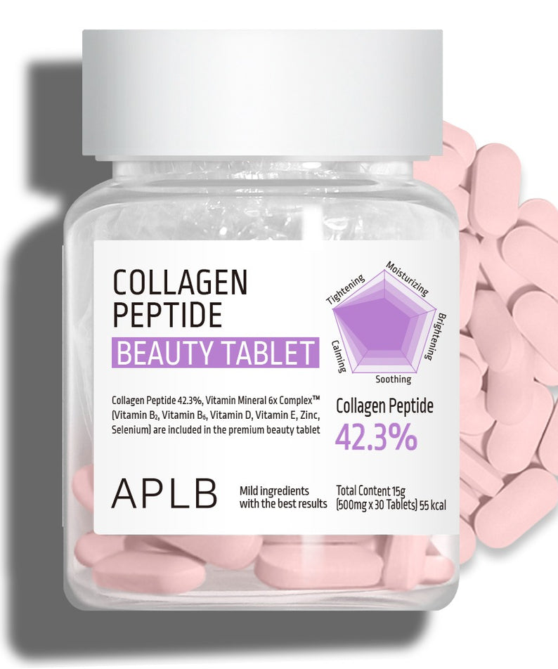 APL B Collagen Peptide Beauty Tablet en bouteille transparente, marque APLB, contexte beauté avec pétales roses, tablette visible