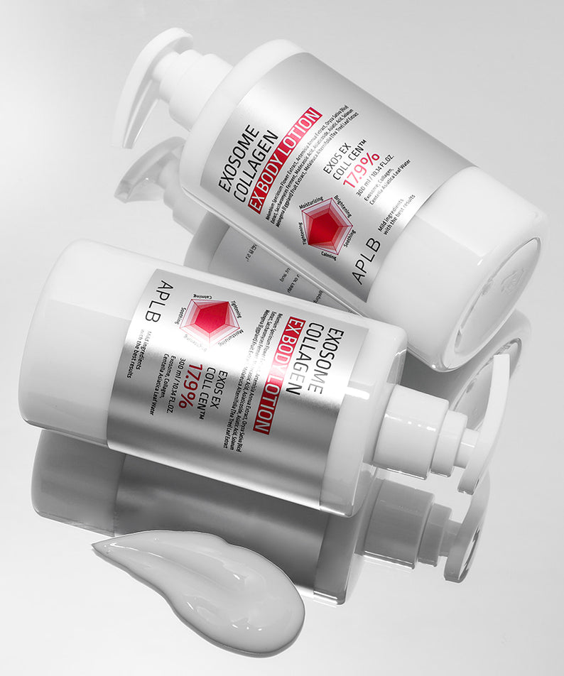 APLB Exosome Collagen EX Body Lotion 300ml, lotion blanche sur fond clair, présentée avec flacons APLB en contexte beauté.