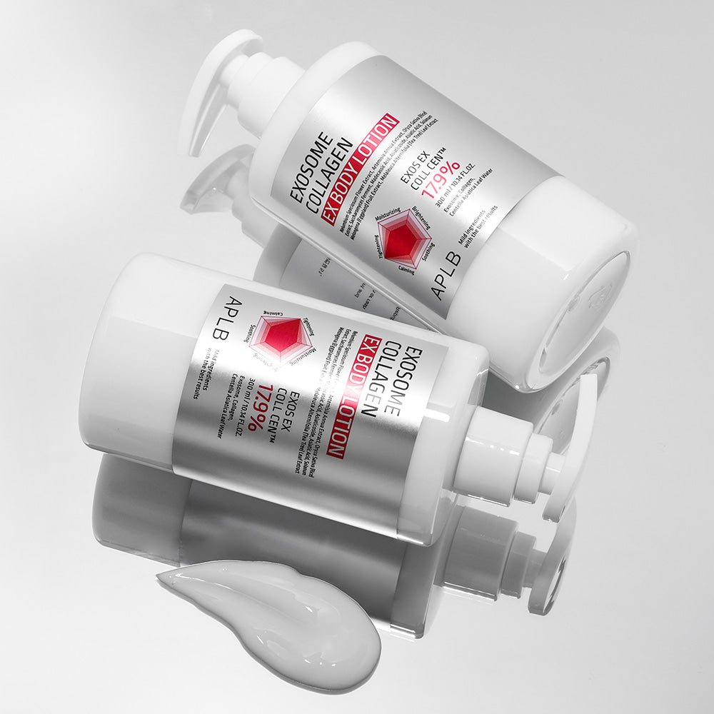 APLB Exosome Collagen EX Body Lotion 300ml, lotion blanche sur fond clair, présentée avec flacons APLB en contexte beauté.