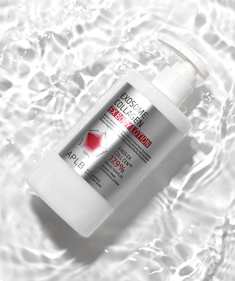 APLB Exosome Collagen EX Body Lotion 300ml par APLB, flacon sur fond blanc façon bulles, image produit en studio.