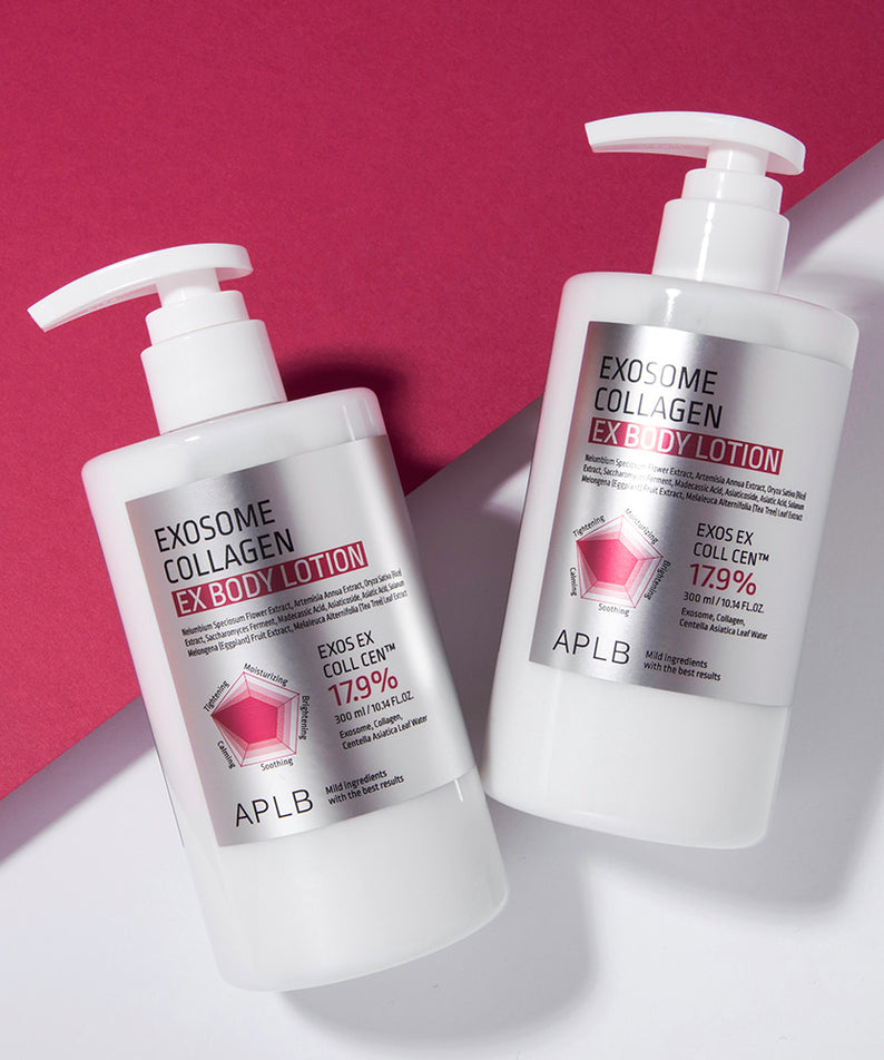 APL B Exosome Collagen EX Body Lotion 300ml de la marque APLB, flacons pompe sur fond rouge, esthétique cosmétique.