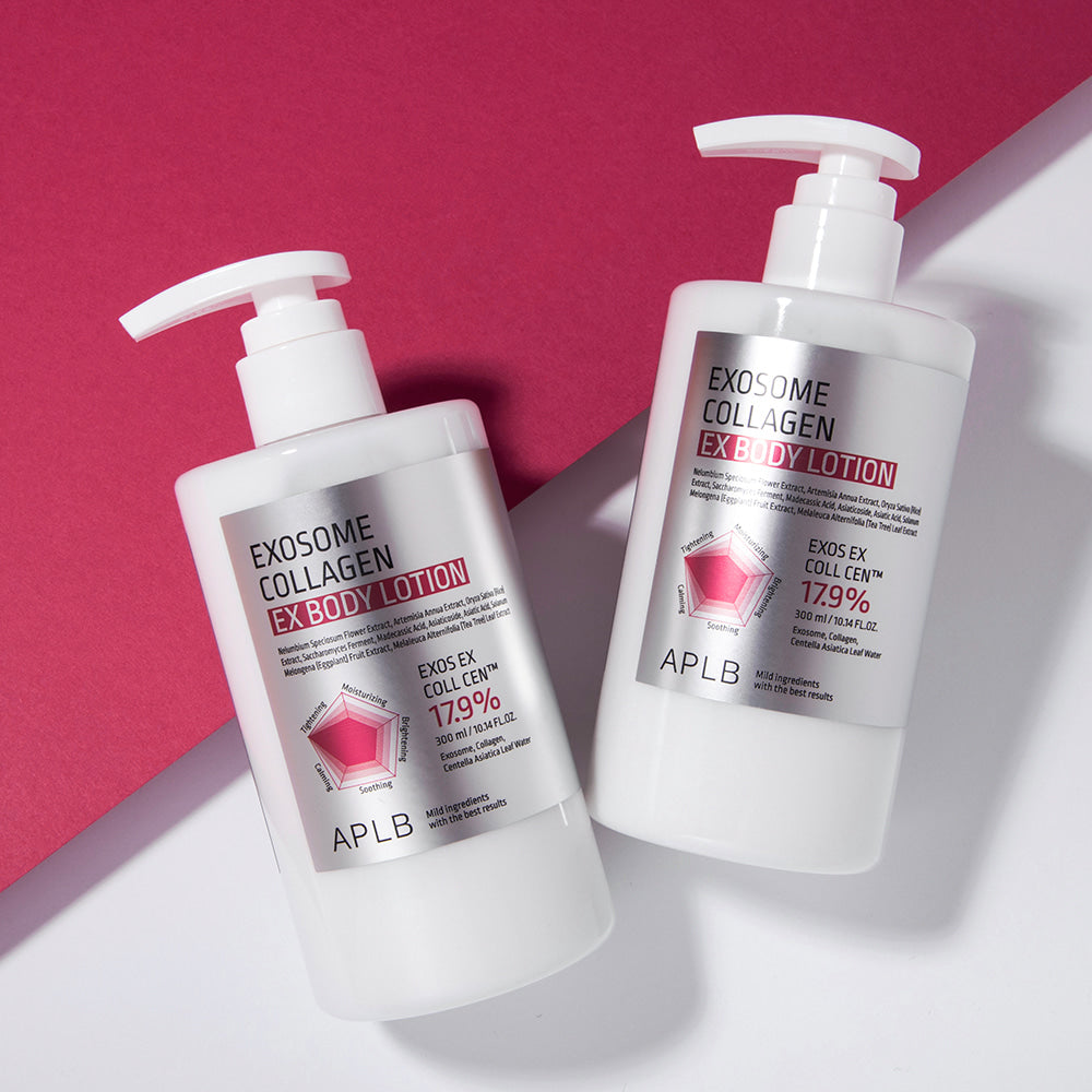 APL B Exosome Collagen EX Body Lotion 300ml de la marque APLB, flacons pompe sur fond rouge, esthétique cosmétique.