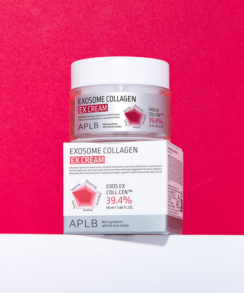 APLB Exosome Collagen EX Cream 55ml, crème APLB en pot sur fond rouge, vue produit en studio
