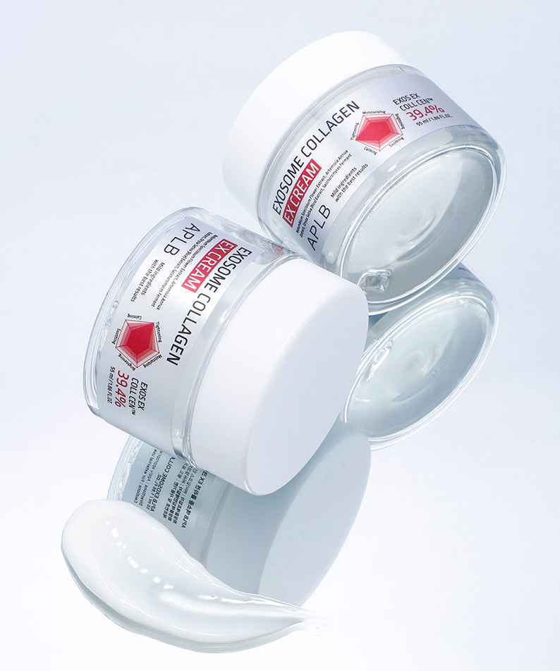 APLB Exosome Collagen EX Cream 55ml de la marque APLB, crème blanche en pot sur fond clair, texture au premier plan