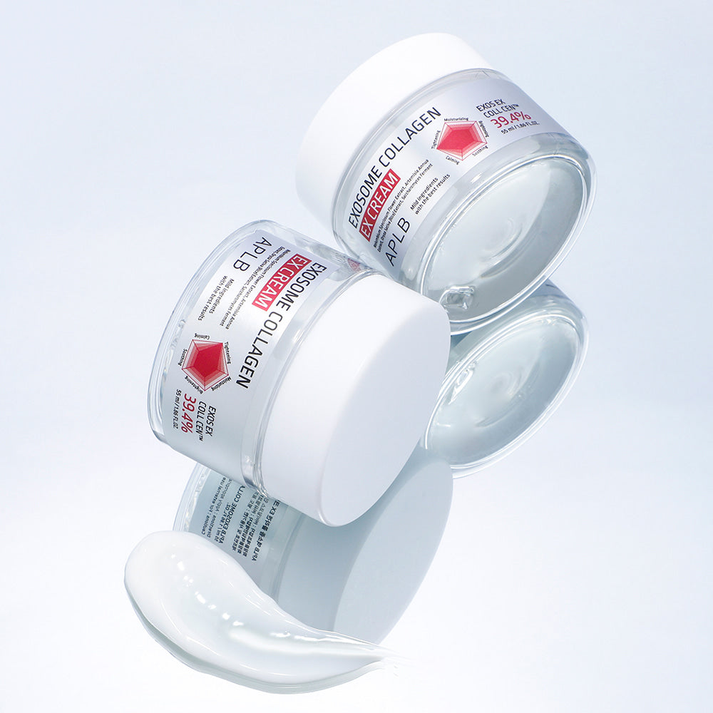 APLB Exosome Collagen EX Cream 55ml de la marque APLB, crème blanche en pot sur fond clair, texture au premier plan