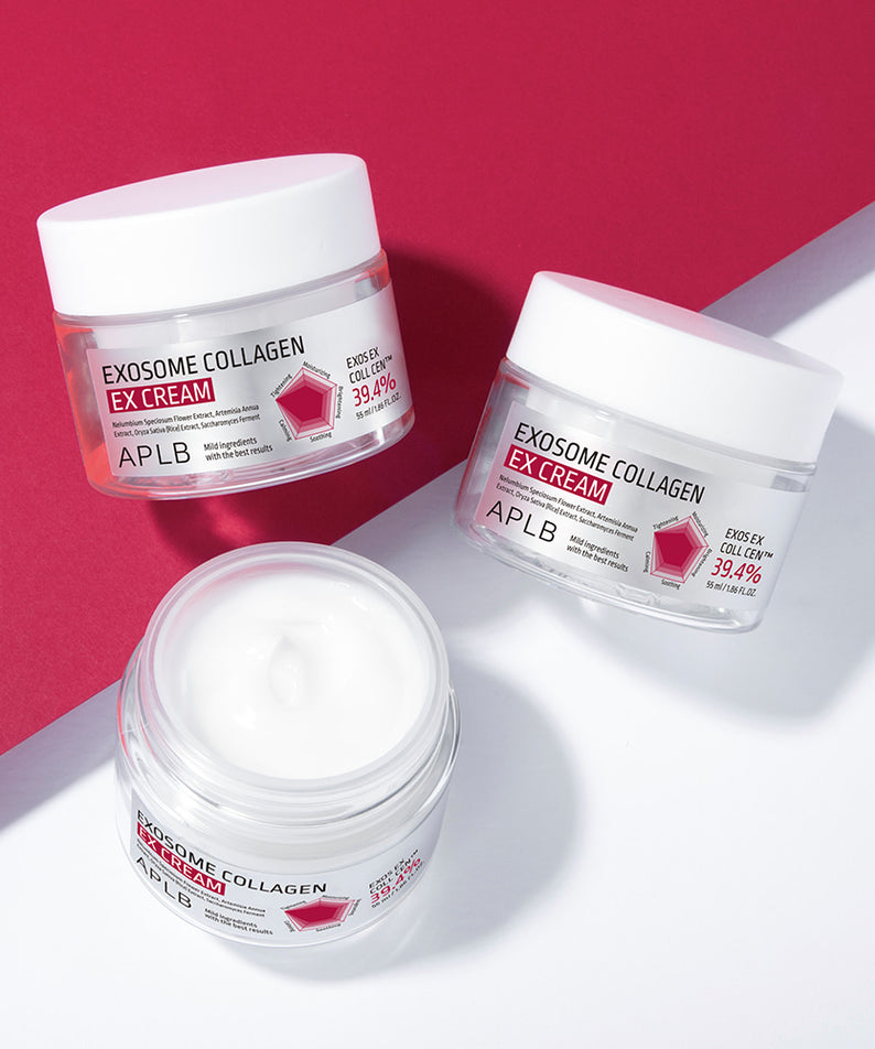 APL B Exosome Collagen EX Cream 55ml de la marque APLB, pots crème sur fond rouge et blanc, contexte cosmétique