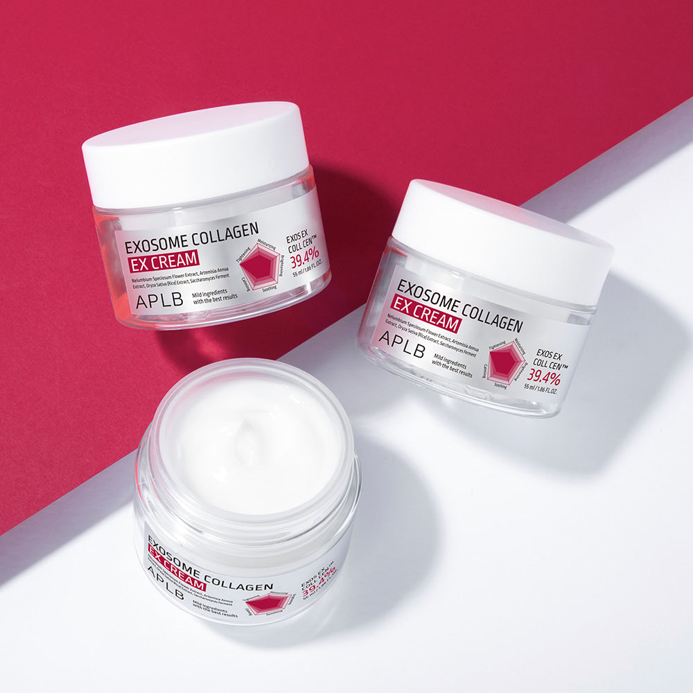 APL B Exosome Collagen EX Cream 55ml de la marque APLB, pots crème sur fond rouge et blanc, contexte cosmétique