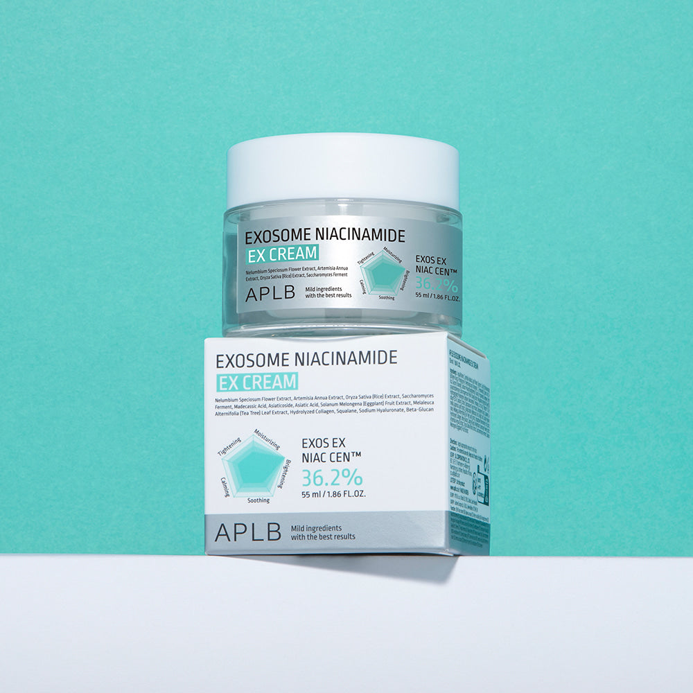 APLB Exosome Niacinamide EX Cream 55ml de la marque APLB, crème cosmétique sur fond turquoise, packaging produit en vue.