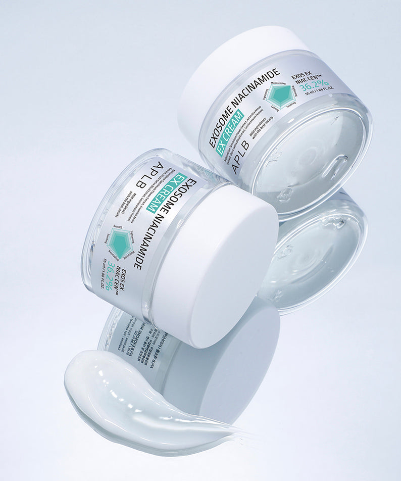 APLB Exosome Niacinamide EX Cream 55ml, crème en pot blanc sur fond clair, texture et étiquette APLB visibles.