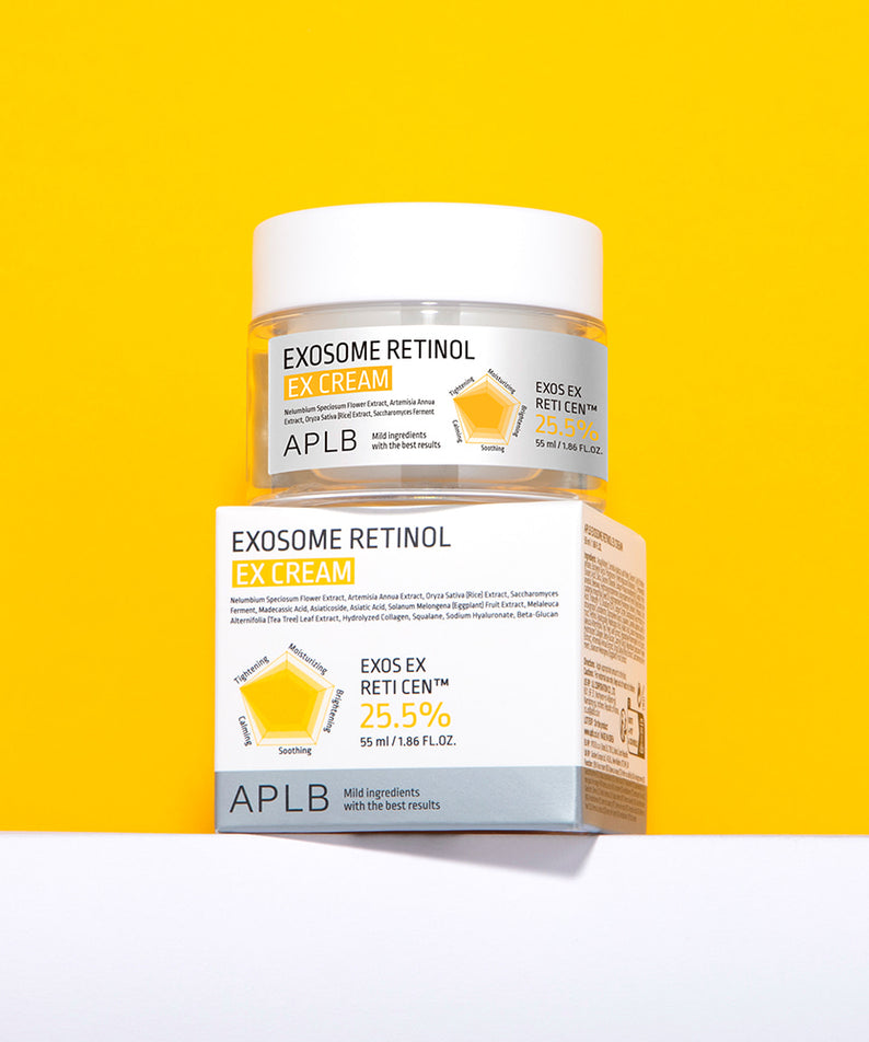 APLB Exosome Retinol EX Cream 55ml d’APLB, pot crème sur fond jaune, visuel produit cosmétique en studio.