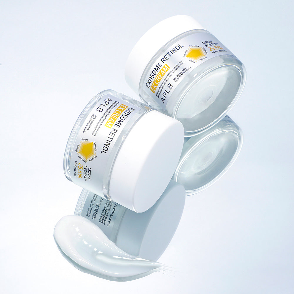 APL B Exosome Retinol EX Cream 55ml, crème visage APLB en flacon blanc sur fond clair, vue produit.