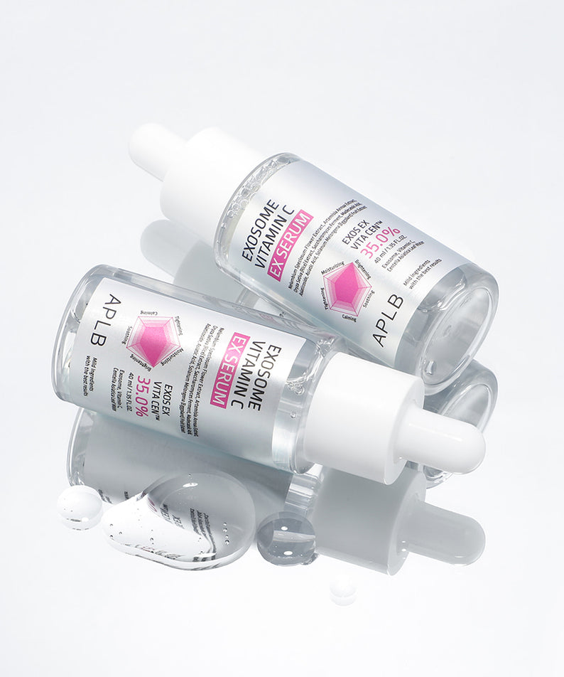 APLB Exosome Vitamin C EX Serum 40ml de la marque APLB, sur fond blanc, flacon et packaging visuels.