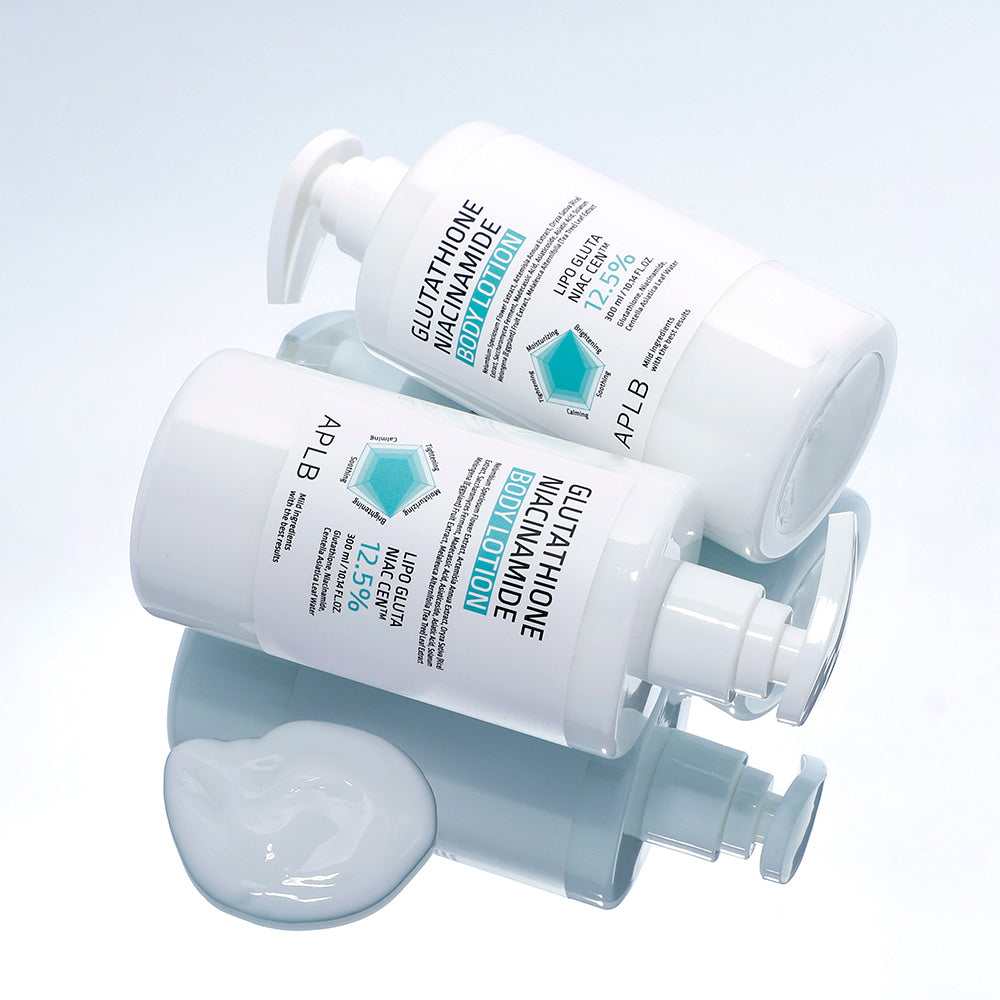 APL B Glutathione Niacinamide Body Lotion 300ml de la marque APLB, flacons sur fond blanc, photo produit.