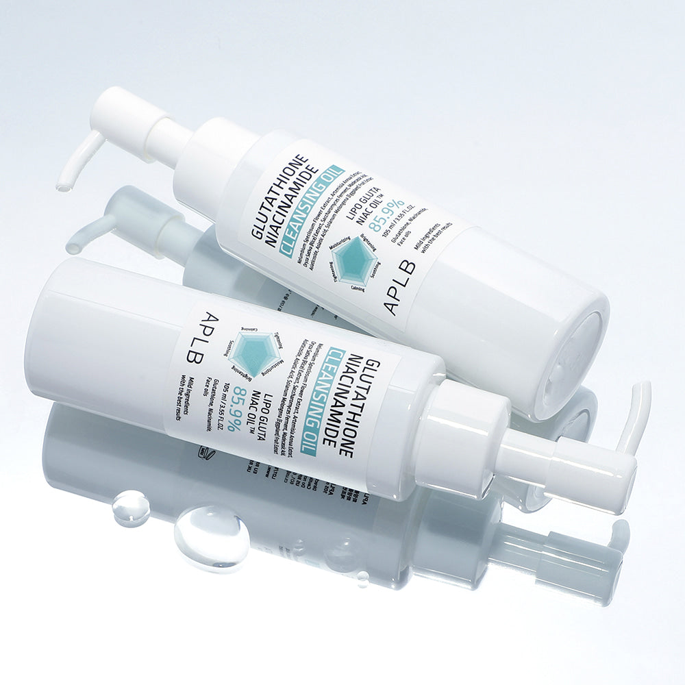APLb Glutathione Niacinamide Cleansing Oil 105ml APLB, flacons blancs sur fond clair, maquillage & soin visage.