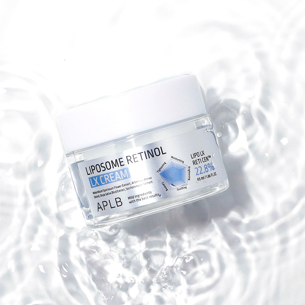 APLB Liposomal Retinol LX Cream 55ml, pot en verre sur fond blanc, marque APLB, contexte soins visage.