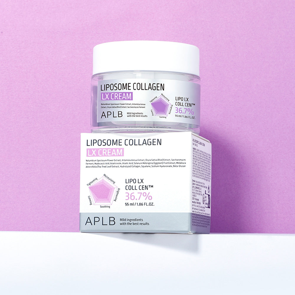 APLB Liposome Collagen LX Cream 55ml, pot crème sur fond rose, marque APLB, présentation produit cosmétique.