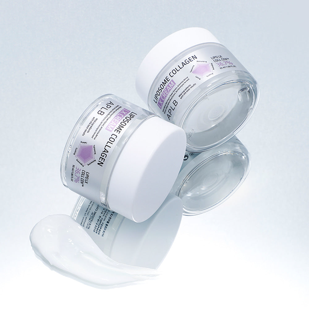 APLB Liposome Collagen LX Cream 55ml de la marque APLB, crème blanche en présentation sur fond clair, flacons et texture