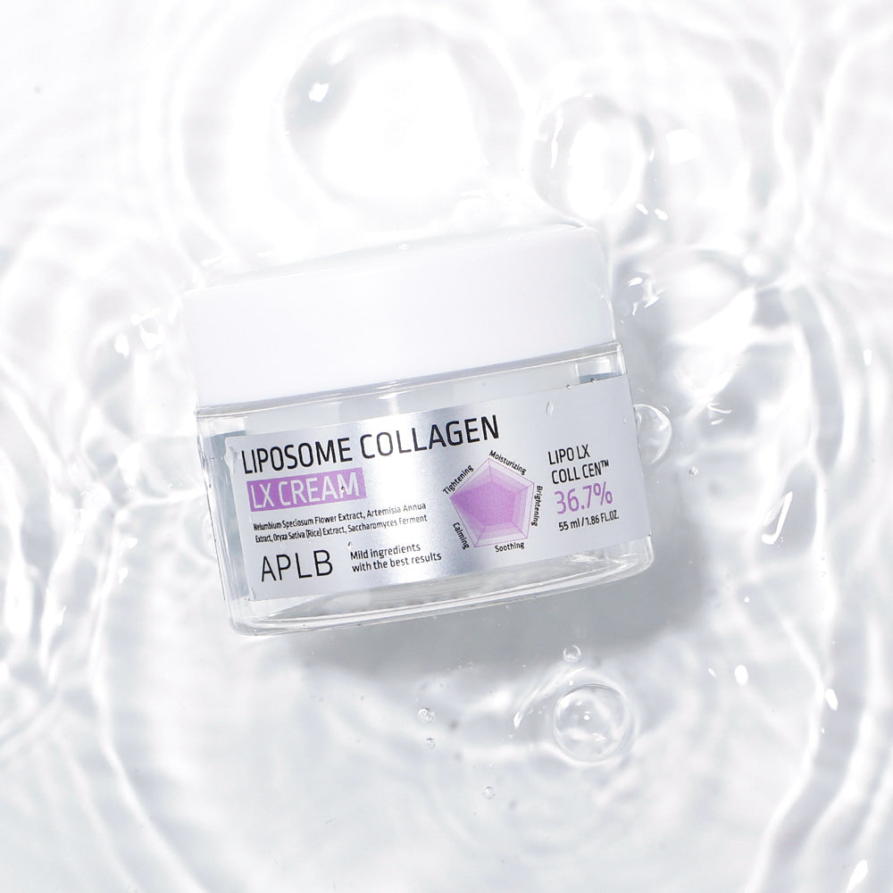 APL B Liposome Collagen LX Cream 55ml APLB, pot de crème hydratante sur fond blanc, texture de lotion