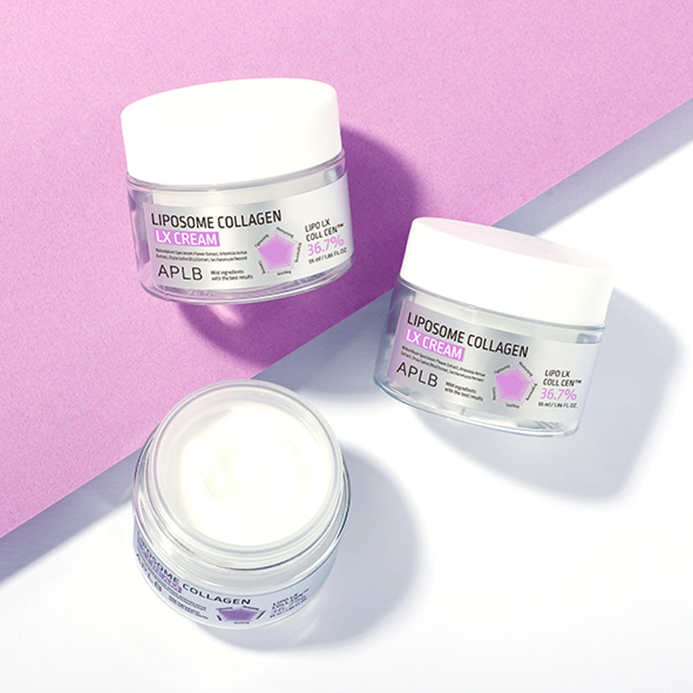 APLB Liposome Collagen LX Cream 55ml, crème anti-âge APLB en pot sur fond rose, vue produit au studio.