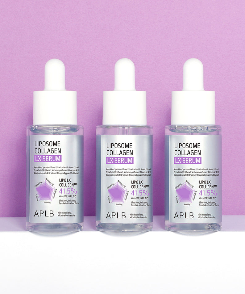 APL B Liposome Collagen LX Serum 40ml APLB, flacons en série sur fond rose, photo produit en studio.
