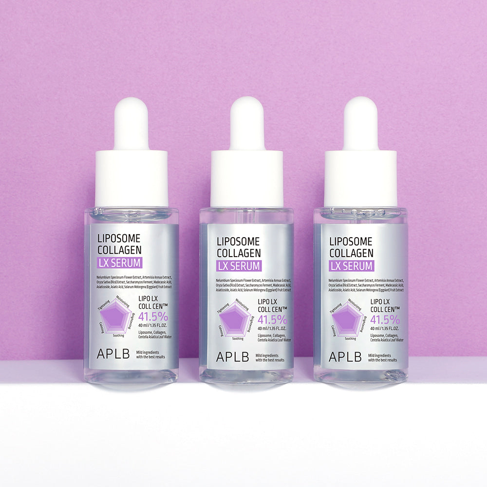APL B Liposome Collagen LX Serum 40ml APLB, flacons en série sur fond rose, photo produit en studio.